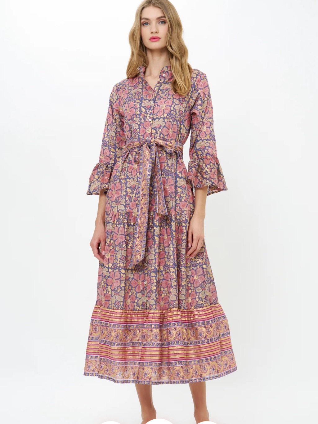 Oliphant Ruffle Collar Bell Sleeves Maxi Matera Navy Dress Size Large Euc
